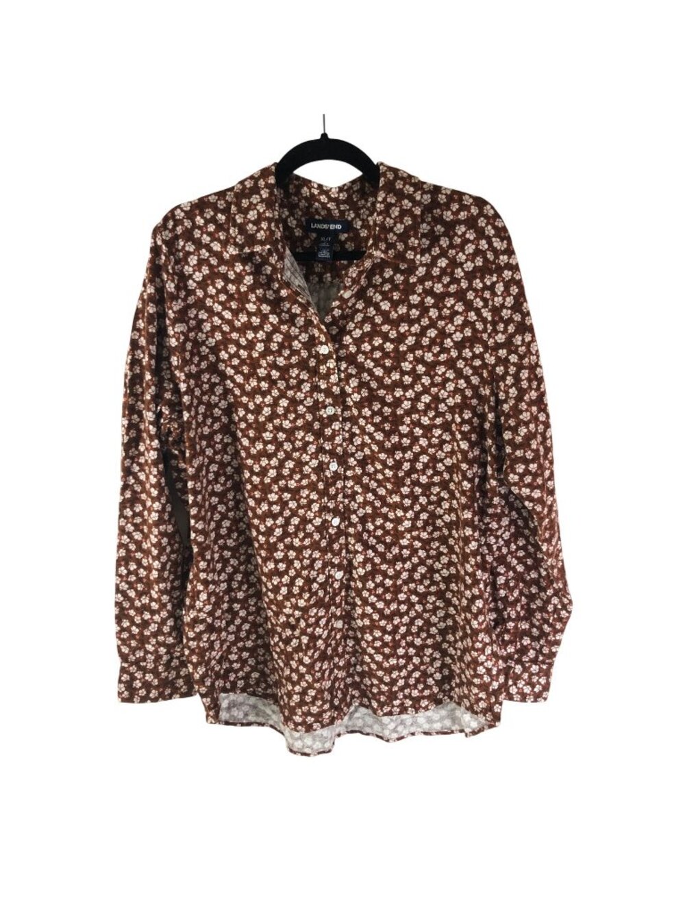 Lands End Womens Floral Flannel Shirt Brown Ivory Flower Button Down Blouse XLT